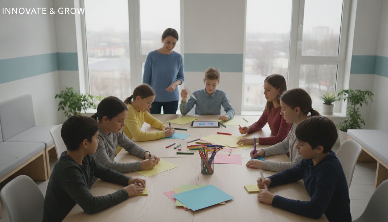 Diverse young learners collaborating on creative entrepreneurship projects in a bright modern classroom