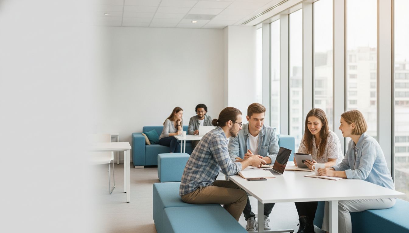 Young adults collaborating in a bright modern learning space